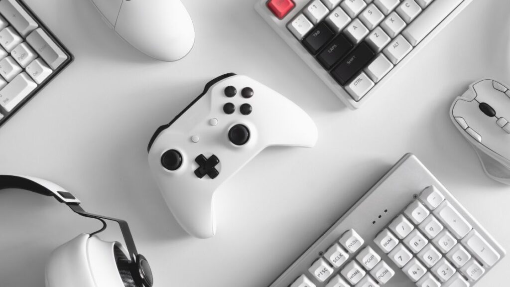 Aerial shot of gaming accesories in white