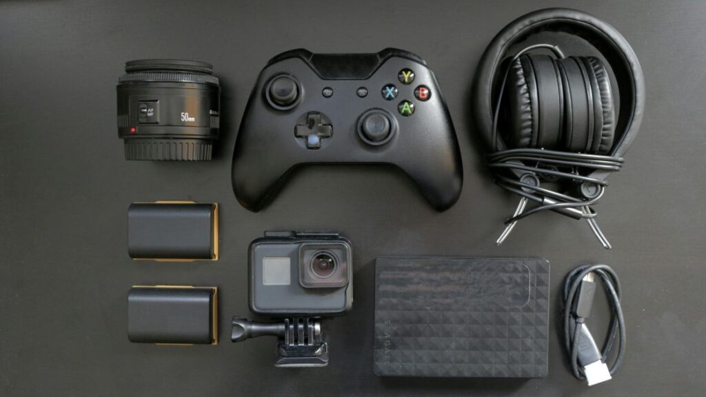 Aerial shot of gaming accesories in black
