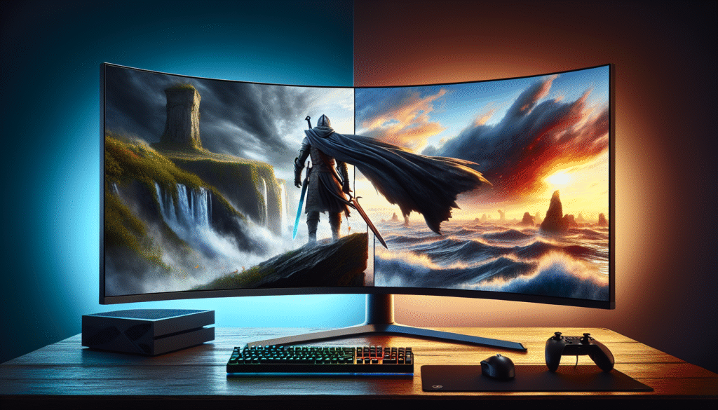 Close-up comparison of monitor vs TV displaying same game scene
