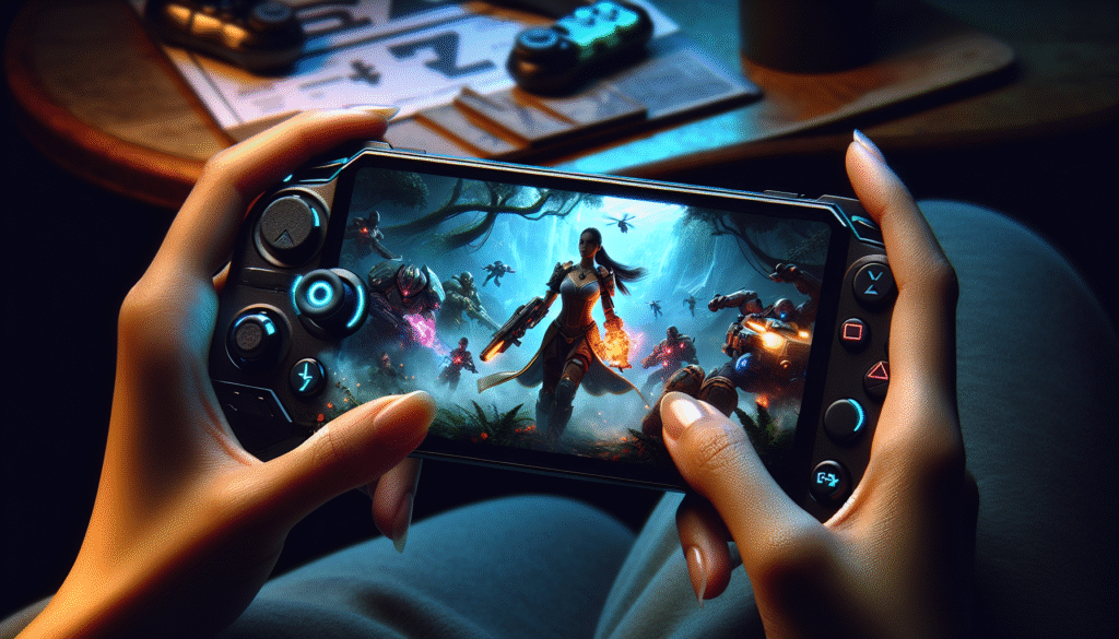 Hands holding portable gaming device playing popular game