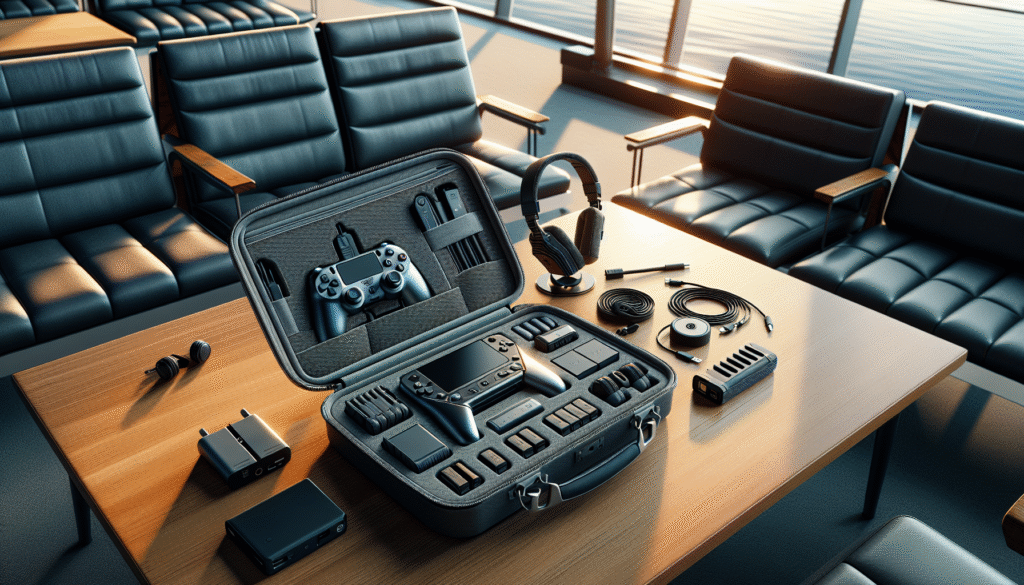 Portable gaming setup for travel with accessories and carrying case
