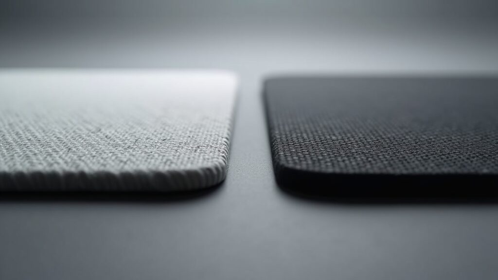 Close-up comparison of cloth vs hard mousepad textures