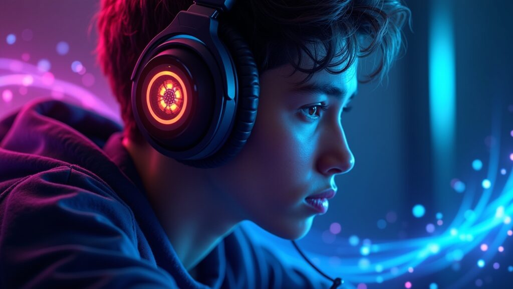 Person wearing gaming headphones with sound visualization