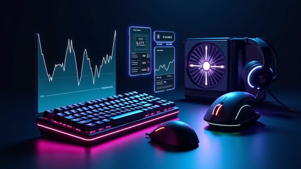 Performance benchmark graphs overlaid on gaming gear