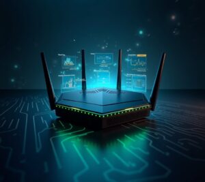 Gaming router with ethernet cables and status lights