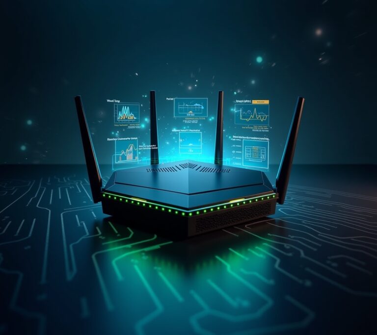 Gaming router with ethernet cables and status lights