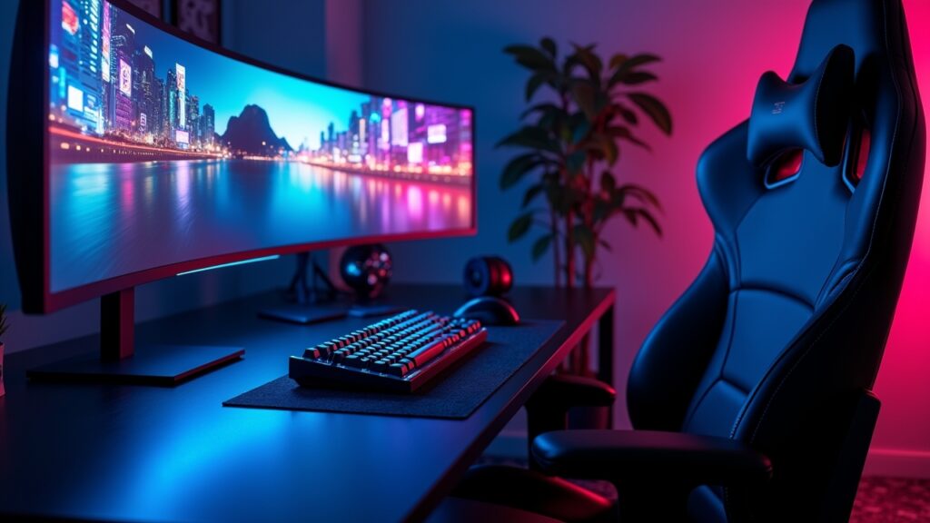 First-person view from gaming chair showing monitor curves