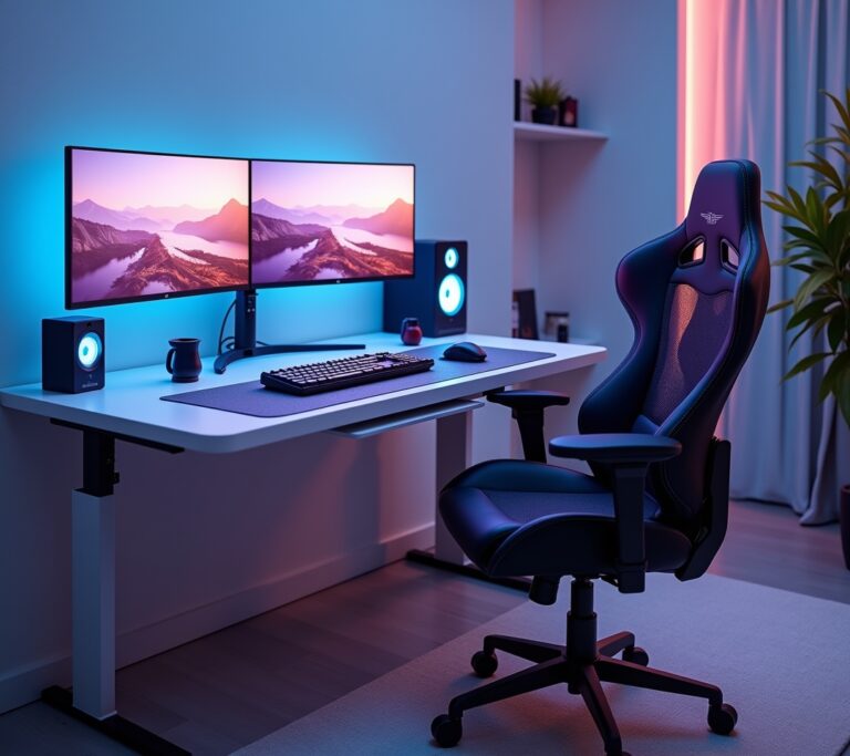 Proper gaming posture demonstration at adjustable desk
