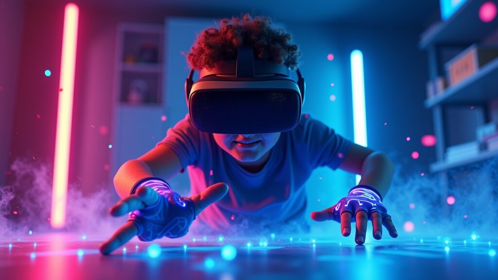 Person wearing VR headset in immersive gaming session